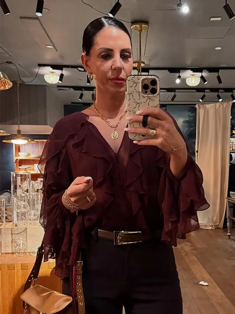 Blusa Manga Longa Chiffon Boho Chic Modern Royal