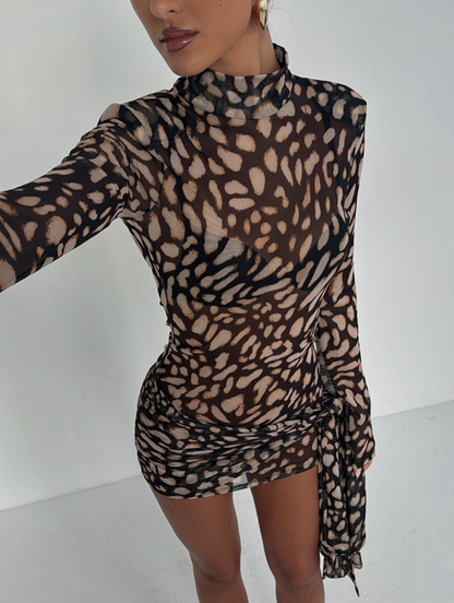 Vestido Manga Longa Curto Animal Print Modern Sailen