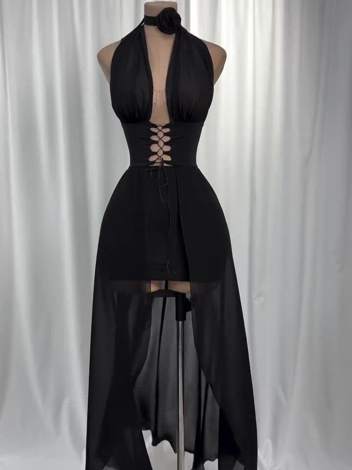 Vestido Frente Única de Tule e Amarrações Preto Modern Harley