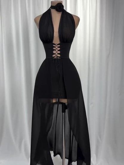 Vestido Frente Única de Tule e Amarrações Preto Modern Harley