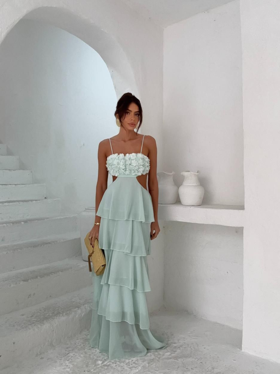 Vestido Longo Com Babados e Aplicação de Flores Modern Flowers