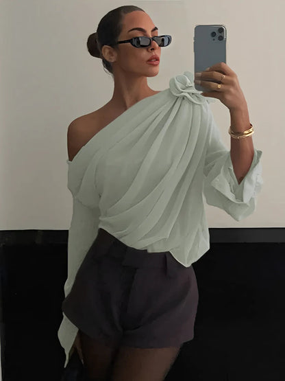 Blusa Feminina Manga Longa com Flor em Chiffon Modern Ella