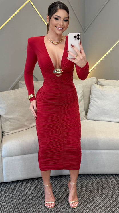 Vestido Midi Manga Longa Drapeado Modern Adria