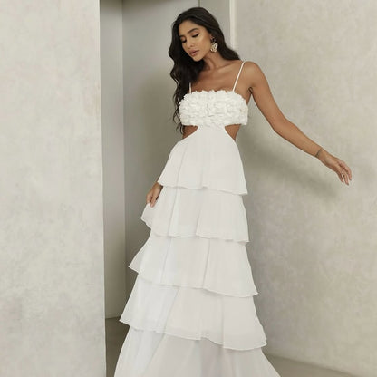 Vestido Longo Com Babados e Aplicação de Flores Modern Flowers