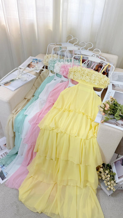 Vestido Longo Com Babados e Aplicação de Flores Modern Flowers