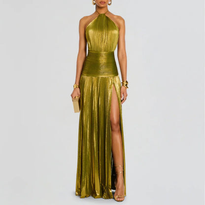 Vestido Longo Metalizado com Fenda Modern Lorry