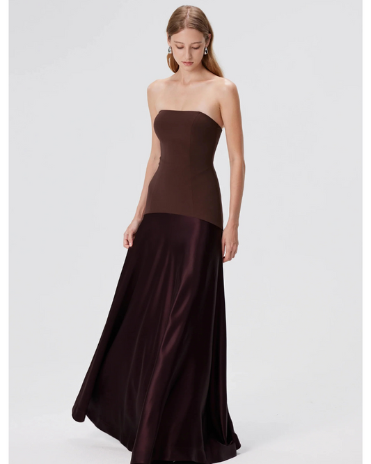 Vestido Longo Sem Alças Saia em Cetim Modern Elysia