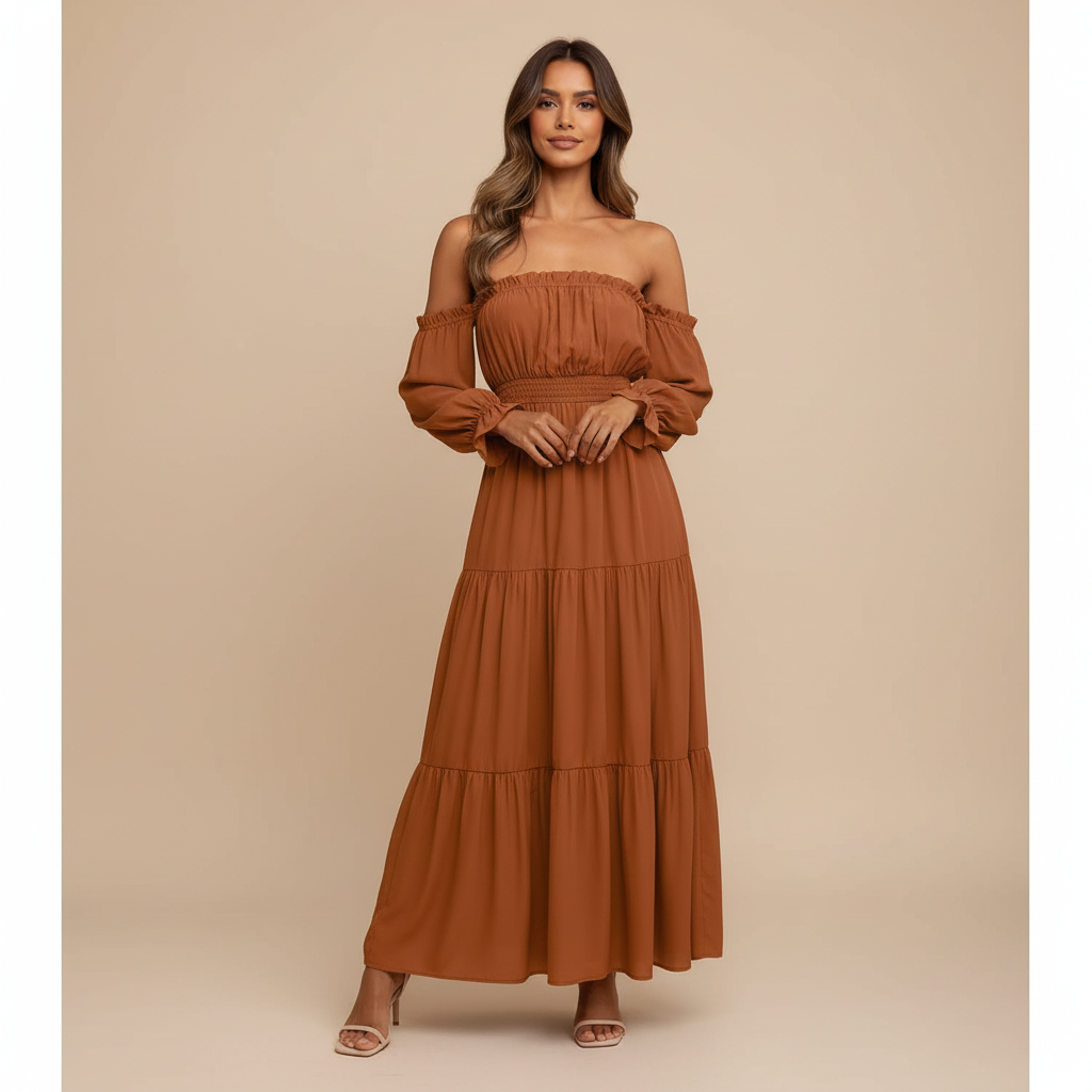 Vestido Longo Ombro a Ombro – leveza e elegância que abraçam o seu corpo