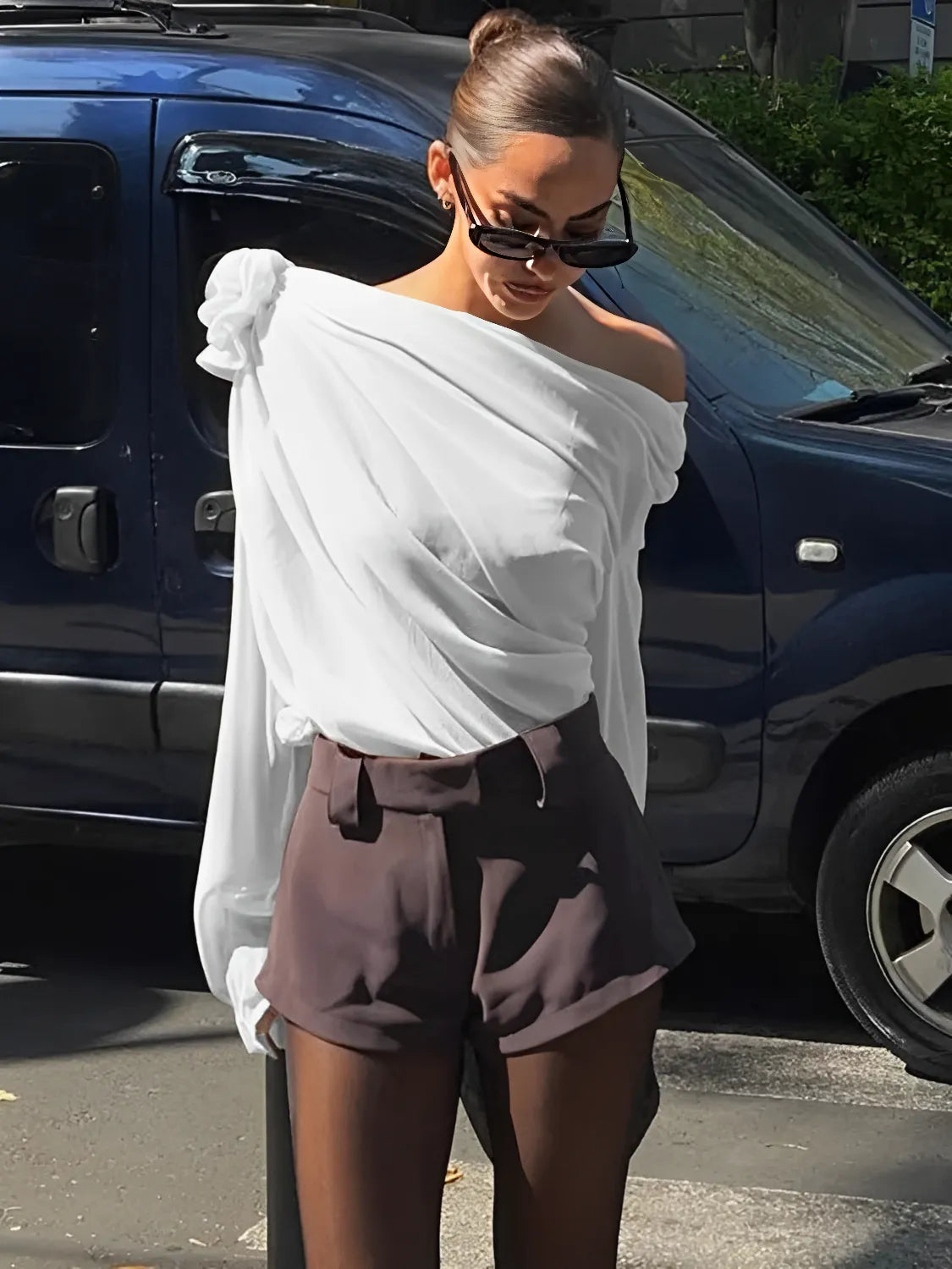 Blusa Feminina Manga Longa com Flor em Chiffon Modern Ella