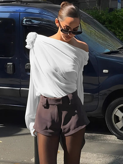 Blusa Feminina Manga Longa com Flor em Chiffon Modern Ella