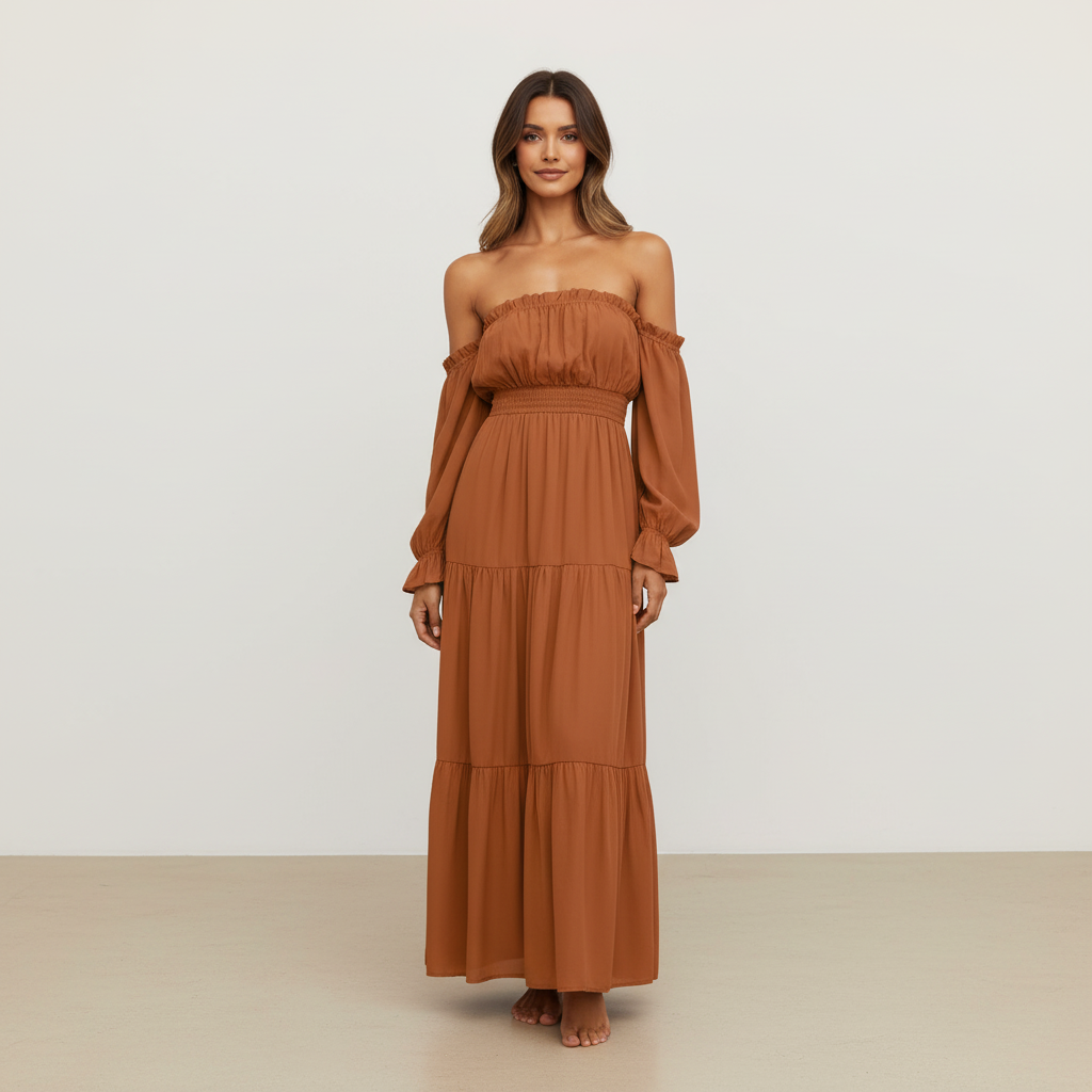 Vestido Longo Ombro a Ombro – leveza e elegância que abraçam o seu corpo