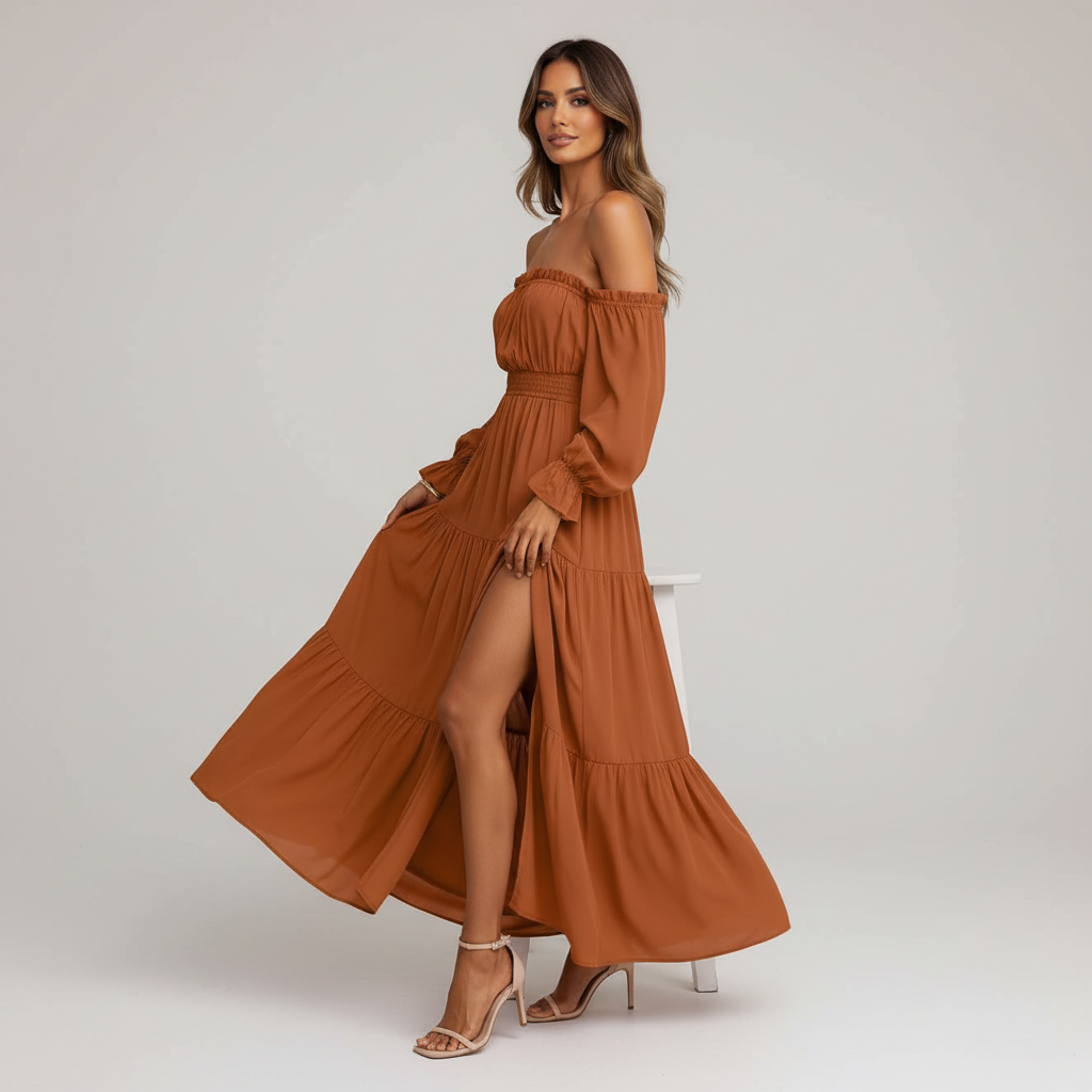Vestido Longo Ombro a Ombro – leveza e elegância que abraçam o seu corpo