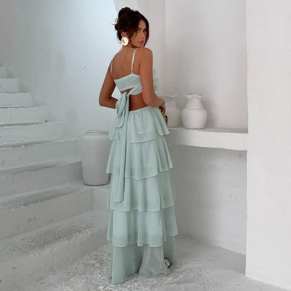 Vestido Longo Com Babados e Aplicação de Flores Modern Flowers