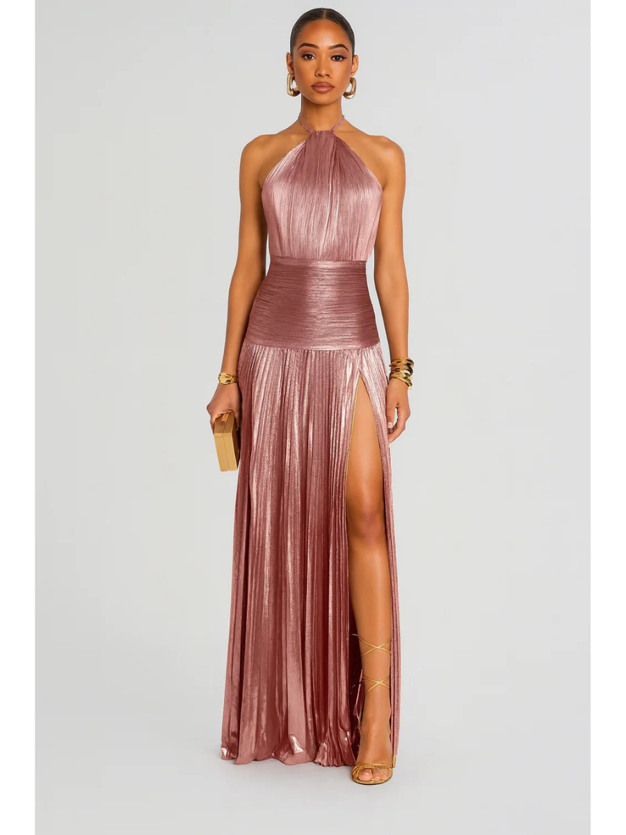 Vestido Longo Metalizado com Fenda Modern Lorry